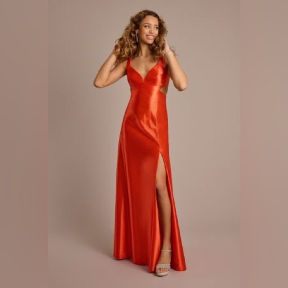 JULES AND CLEO prom dress: Sculpting Satin A-Line Dress w/ Side Cutouts. Size 8